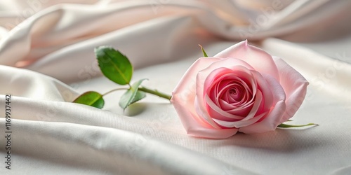 A single long-stemmed pink rose placed delicately on the edge of a folded soft silk tablecloth creating a sense of fragility and beauty in a minimalist setting, elegant simplicity, solitary rose