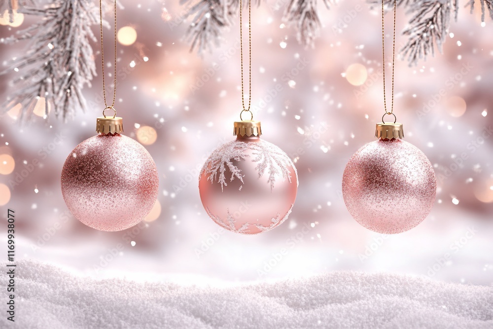 Pink Christmas ornaments hanging on snow covered branches. Soft, romantic, holiday, festive, winter scene. Pink Christmas ornaments hanging on snow covered branches. Soft, romantic, holiday, festive, winter scene.