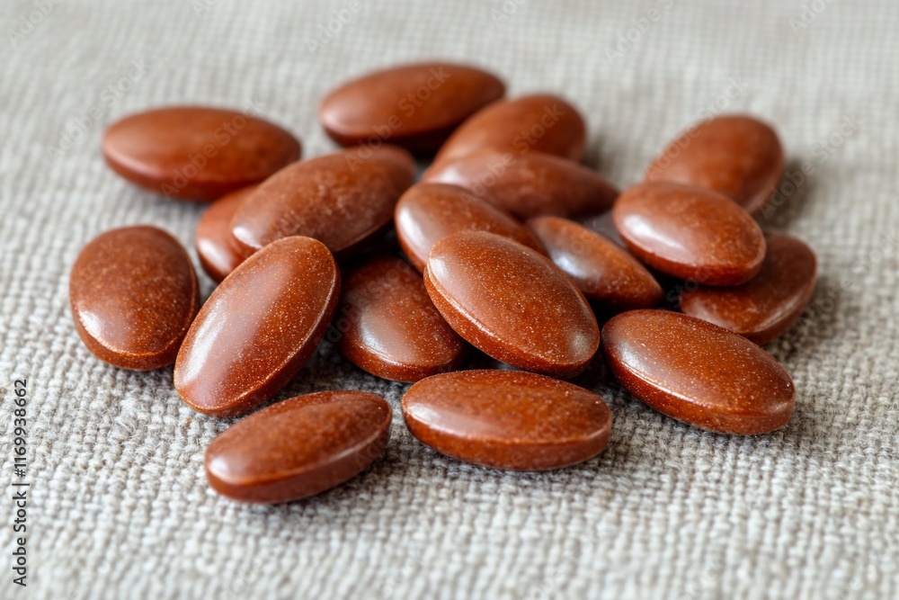 Pile of oval-shaped, reddish-brown pills on a linen cloth. Pile of oval-shaped, reddish-brown pills on a linen cloth.