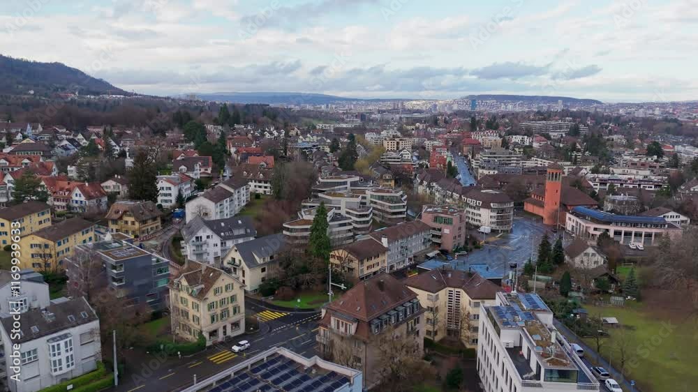 An aerial view of Wollishofen, Zürich, with urban architecture and scenic landscapes An aerial view of Wollishofen, Zürich, with urban architecture and scenic landscapes