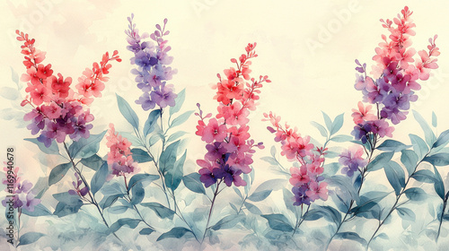 Watercolor painting of pink and purple flowers with green leaves on a light background.