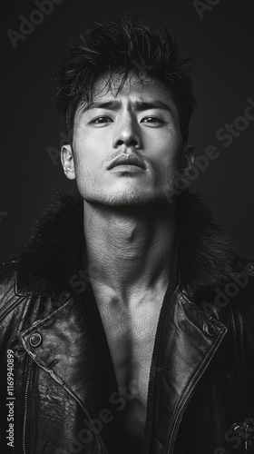 Monochrome portrait of a young Asian man with intense gaze, wearing a leather jacket.
