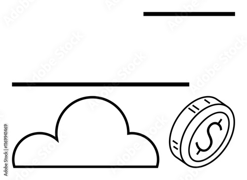 Cloud beneath horizontal lines and a dollar coin with a tilted perspective. Ideal for finance, technology, cloud computing, savings, digital services, online payments, abstract line flat metaphor