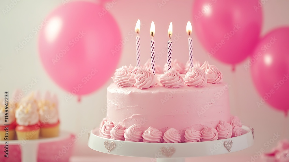 Pink Birthday Cake With Candles And Balloons Pink Birthday Cake With Candles And Balloons