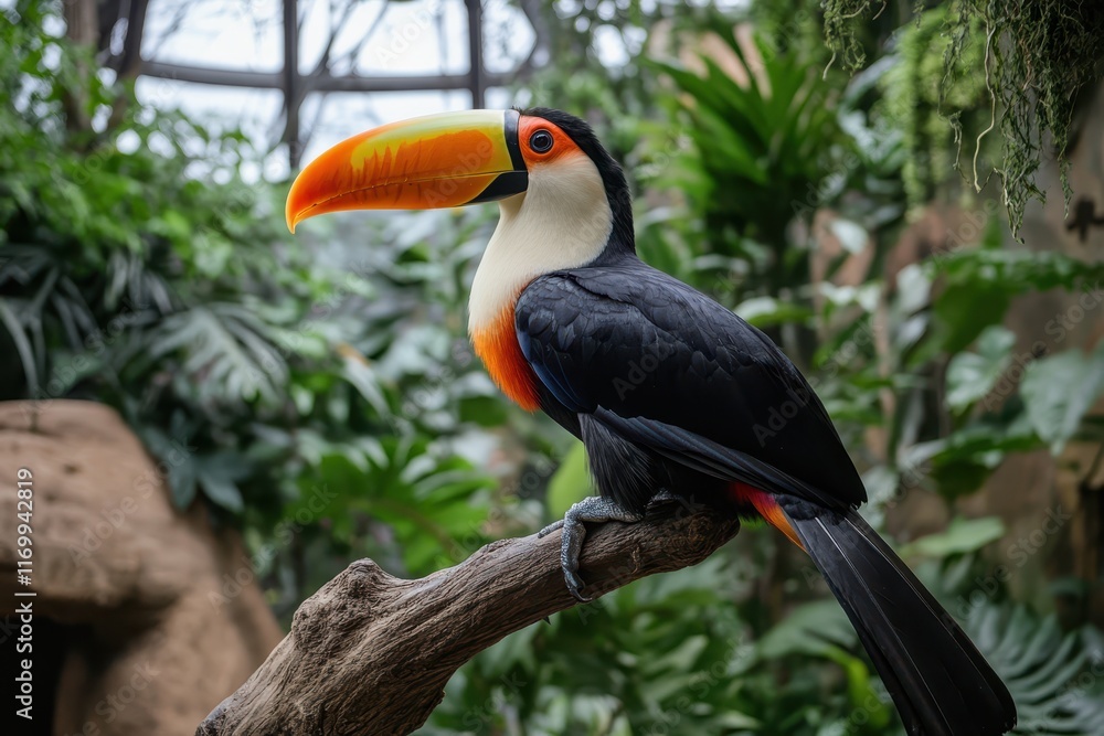 Fototapeta premium A vibrant toucan perched on a branch, showcasing its large, colorful beak amidst lush greenery. Perfect for illustrating tropical wildlife, nature documentaries, or travel brochures.