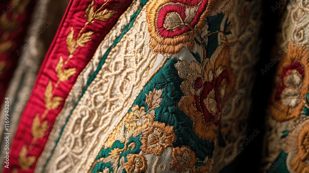 Detailed Close-Up of Intricate Embroidery on Textile Fabric Detailed Close-Up of Intricate Embroidery on Textile Fabric