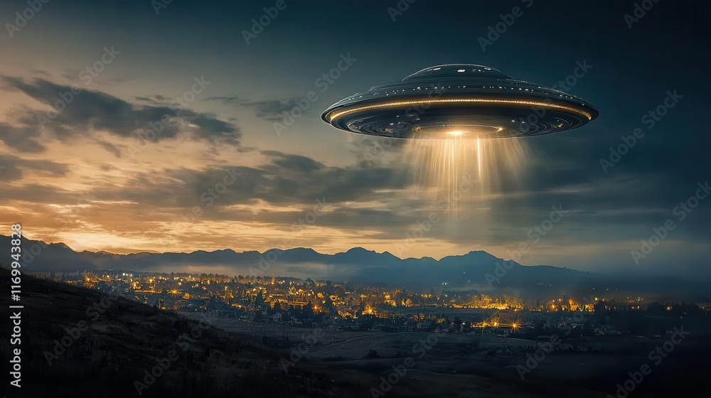 Ufo illuminating remote village with light beams at dawn aerial view of extraterrestrial event in a rural landscape Ufo illuminating remote village with light beams at dawn aerial view of extraterrestrial event in a rural landscape