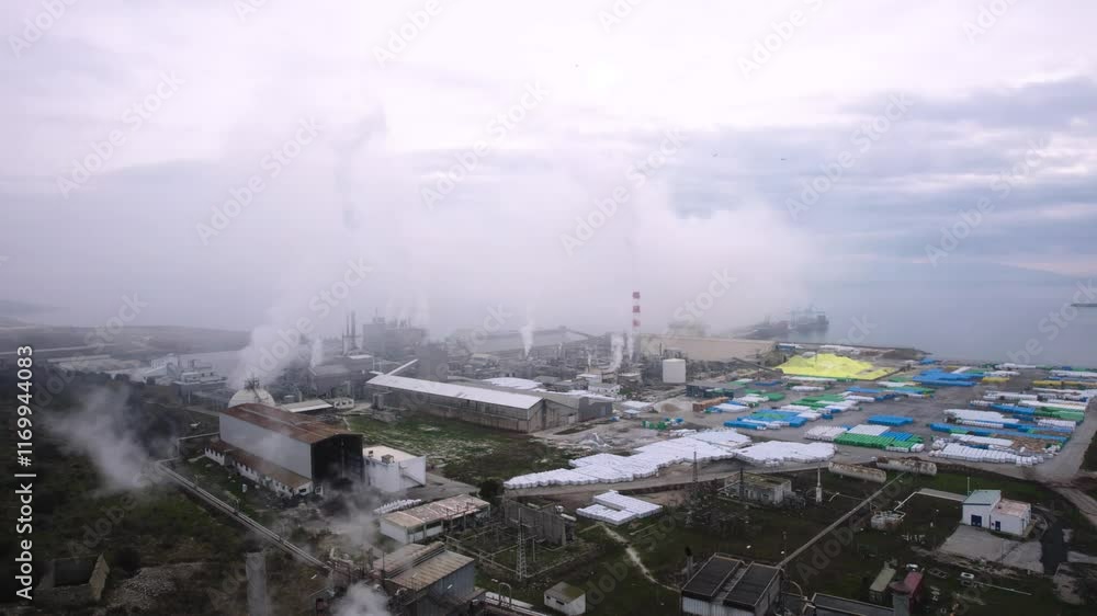 Fertilizer Factory Working, Chimneys Smoking Gas, Aerial Point of Interest Shot, Kavala Greece Fertilizer Factory Working, Chimneys Smoking Gas, Aerial Point of Interest Shot, Kavala Greece