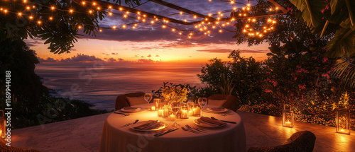 
a picturesque dining arrangement on a terrace, featuring a table with elegant settings for two, lit by soft candlelight and surrounded by warm string lights valentine night