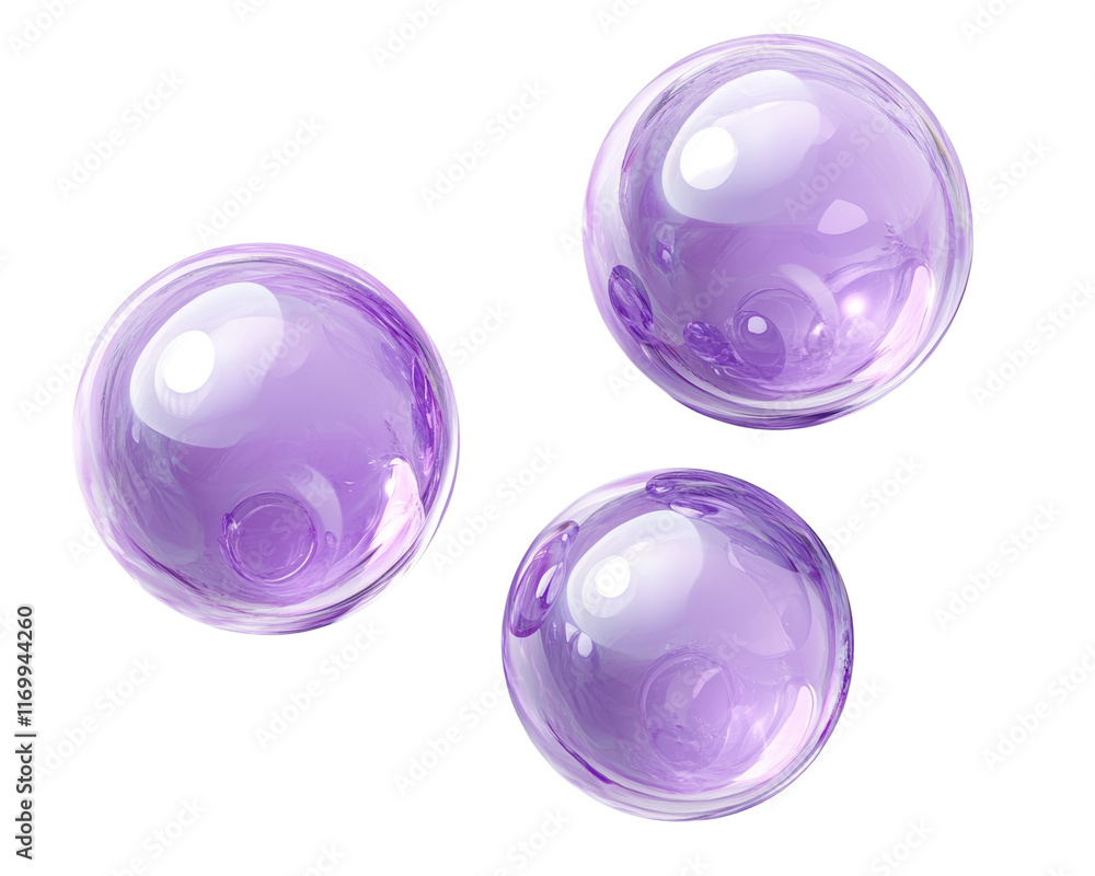 Three shiny purple bubbles floating together. Three shiny purple bubbles floating together.