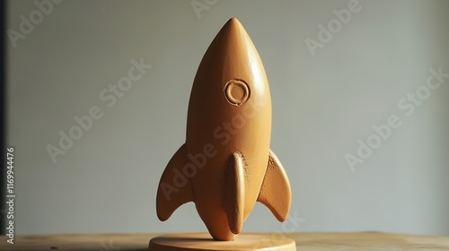 Golden clay simple rocket design, featuring a minimalist and sleek appearance. The soft golden hue adds a touch of elegance, while the clean and simple rocket shape evokes themes of space exploration  photo