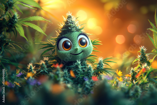 Cute cartoon cannabis bud character in a magical garden.