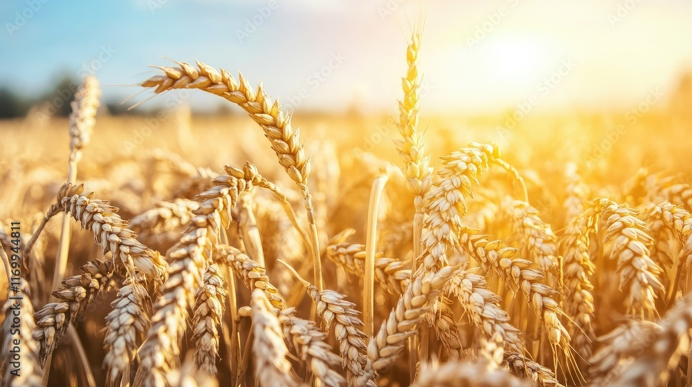 Fototapeta premium Golden Wheat Field Under Bright Sunlight at Sunrise or Sunset