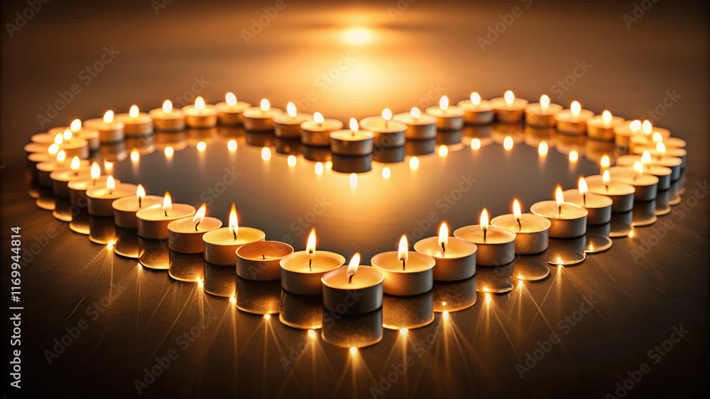 Obraz premium A heart shape formed by lit candles reflected on a glossy surface. A symbol of love, hope and remembrance. Perfect for Valentine's Day, weddings or memorials