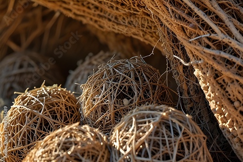 Detail of a communal nest of Sociable Weavers (Philetairus socius) with its numerous chambers, Tirasberge, Namtib Biosphere Reserve, Namibia, Africa Generative AI photo