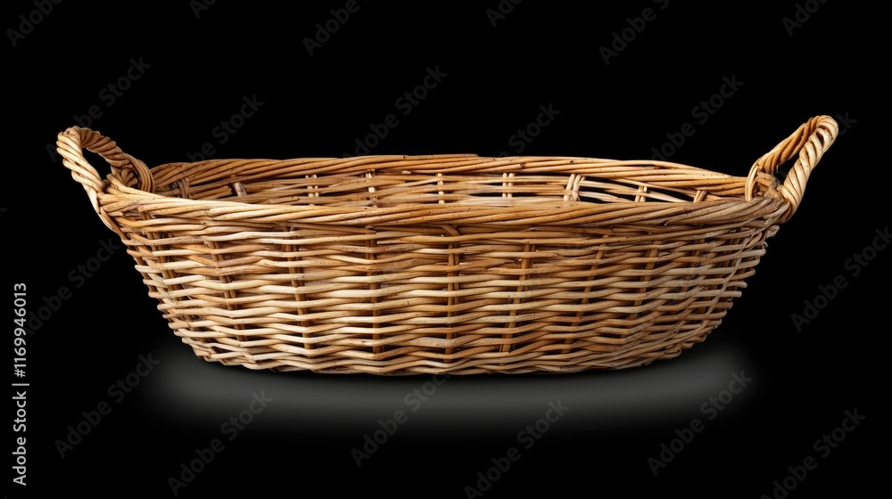 Fototapeta premium Oval wicker basket with handles, isolated on black background.