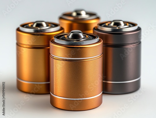 Four AA batteries, two gold and two brown, on a white background. photo