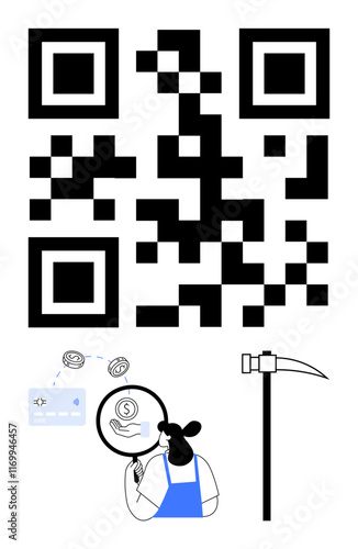 QR code in black with icons of a credit card, digital wallet, person examining data, and a pickaxe. Ideal for digital finance, cryptocurrency, security, data analysis, mobile payments mining tech