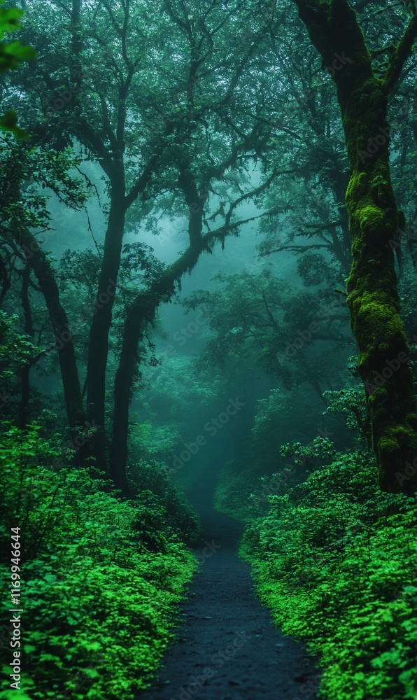 Fototapeta premium Misty forest path, lush greenery, and towering trees.