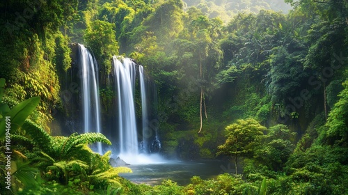 Lush waterfall cascading into a tranquil pool amidst a vibrant tropical rainforest. Sunlight filters through the dense foliage, illuminating the scene.
