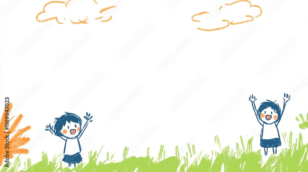 Naklejka premium Joyful Children Playfully Illustrated in Whimsical Summer Scene. AI Generated