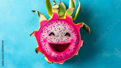 A dragon fruit slice shaped as a happy face on a vibrant blue background. photo