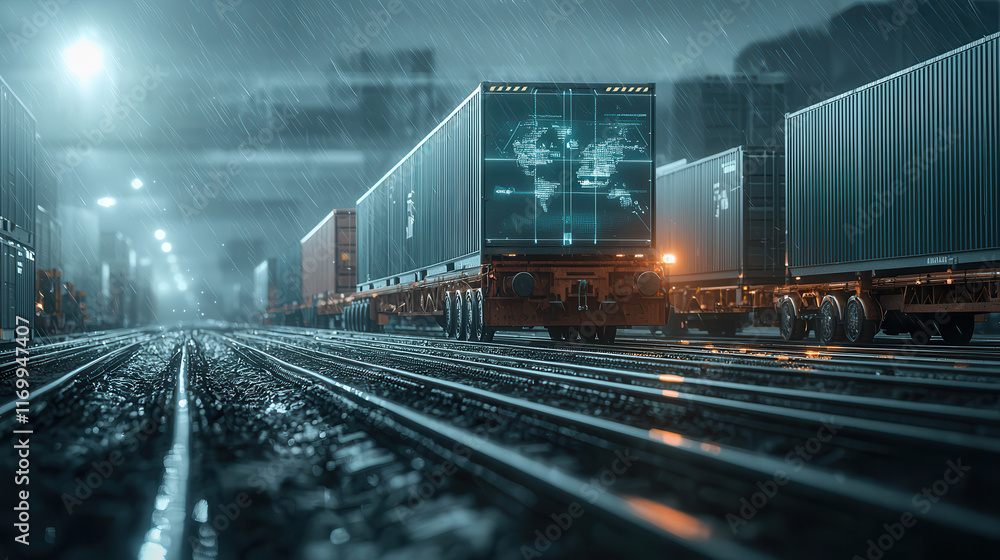 Obraz premium Efficient cargo delivery with scheduling software in rainy environment