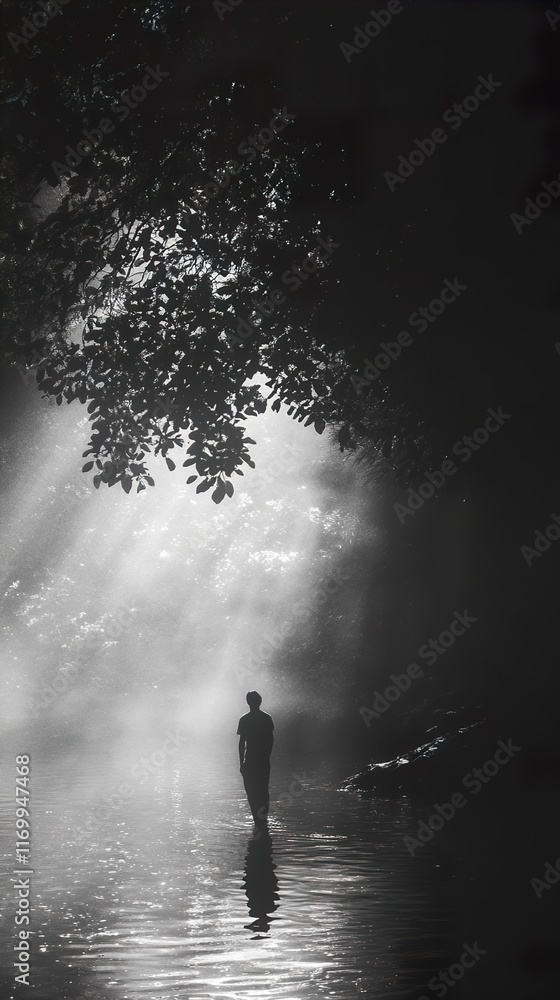 Obraz premium Solitude by the Water: A Serene Black and White Landscape