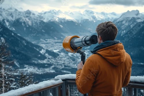 Man using telescope to view mountain valley panorama.