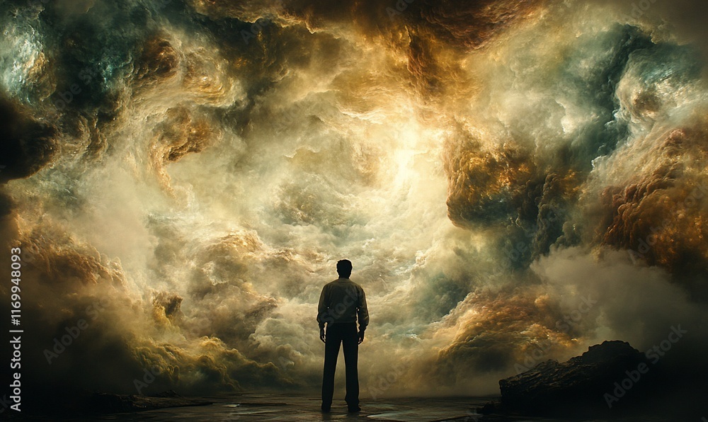 Obraz premium Man standing before surreal, colorful cloudscape.