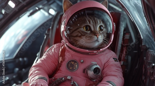 A tabby cat dressed in a pink spacesuit and helmet in a spaceship photo