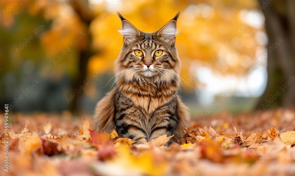 Fototapeta premium Majestic Maine Coon cat amidst autumn leaves. (1)