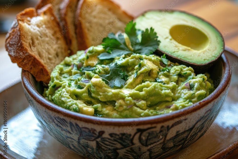 Delicious guacamole with toasted bread. Perfect for showcasing Mexican cuisine or healthy eating. Delicious guacamole with toasted bread. Perfect for showcasing Mexican cuisine or healthy eating.