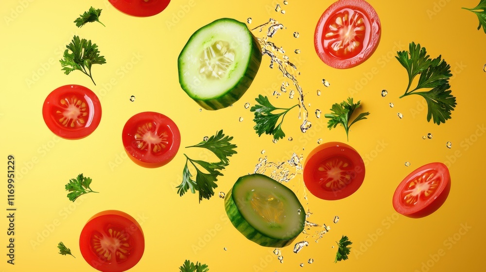 3D render depicting fresh salad ingredients such as tomatoes cucumbers parsley and other herbs falling against a vibrant yellow background conveying a sense of freshness nutrition and culinary appeal 3D render depicting fresh salad ingredients such as tomatoes cucumbers parsley and other herbs falling against a vibrant yellow background conveying a sense of freshness nutrition and culinary appeal