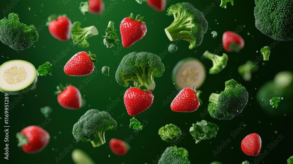 A 3D render of falling fresh produce including broccoli strawberries and other healthy fruits and vegetables A 3D render of falling fresh produce including broccoli strawberries and other healthy fruits and vegetables