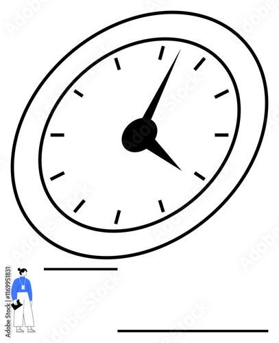 Large tilted clock with bold hands and a tiny figure carrying documents. Ideal for time management, deadlines, productivity, punctuality, work-life balance, scheduling, and abstract concepts