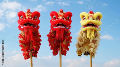 Colorful dragon dance heads against a clear blue sky, symbolizing celebration and cultural heritage, often used in festivals.