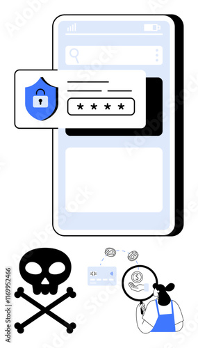 Smartphone screen with password input, security shield, skull and crossbones, and hacker with magnifying glass. Ideal for cybersecurity, threats, hacking, data protection, online security identity