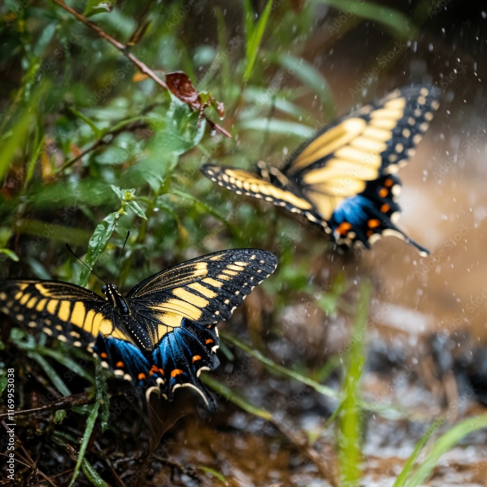 Fototapeta premium Two Yellow Butterflies in Rain Nature Wildlife Closeup