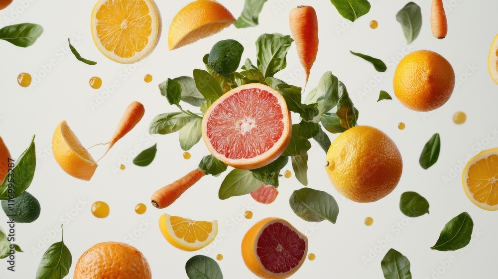 A visually striking 3D composition featuring an arrangement of fresh juicy citrus fruits including oranges lemons and grapefruits surrounded by lush green leaves against a clean minimalist background A visually striking 3D composition featuring an arrangement of fresh juicy citrus fruits including oranges lemons and grapefruits surrounded by lush green leaves against a clean minimalist background