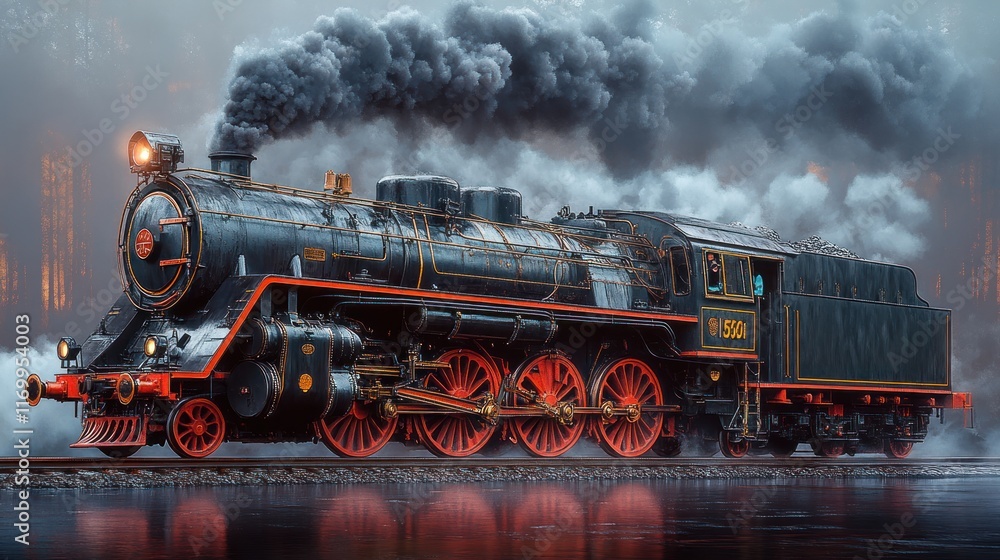 Obraz premium Vintage steam locomotive emitting smoke on tracks.