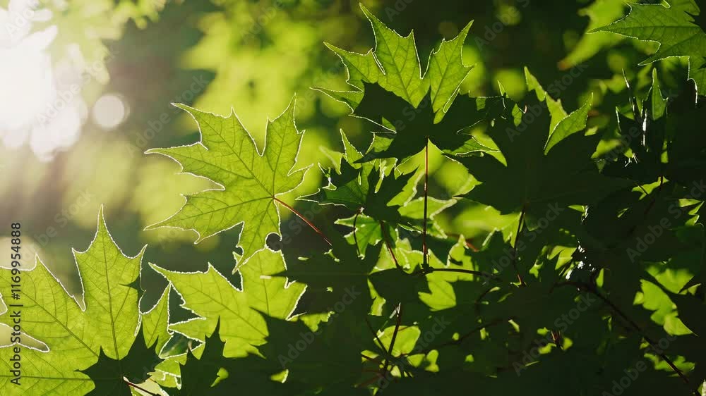 Sunlit green maple leaves in spring forest, nature and tranquility concept Sunlit green maple leaves in spring forest, nature and tranquility concept