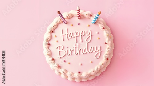 Top-down view of a frosted pink birthday cake with three candles and 