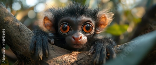 Adorable Baby Night Monkey with Large Eyes in a Tree photo