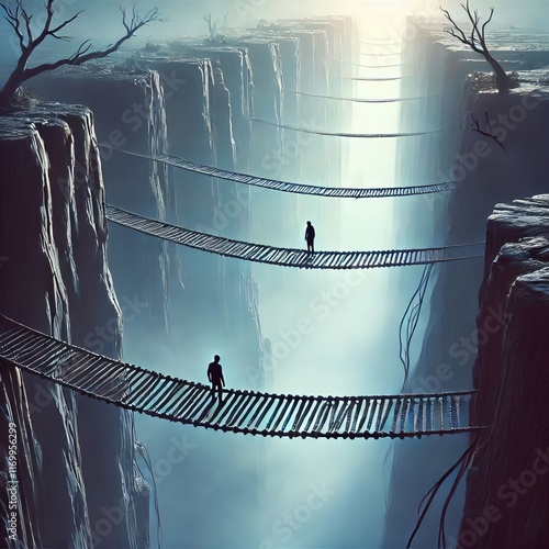 Concept A single strong rope bridge spanning a vast chasm with t photo