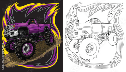 Outline purple truck splash, isolated on a black background, for t-shirt design, print, and for business, purposes.