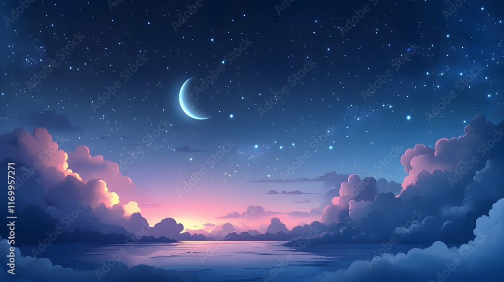 Serene Nightscape Featuring Crescent Moon and Starry Sky Serene Nightscape Featuring Crescent Moon and Starry Sky