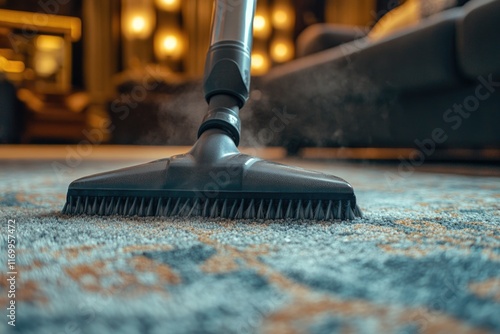 A close-up view of a floor cleaning tool in action, with the brush head being used to sweep and lift dirt from carpets or rugs. photo