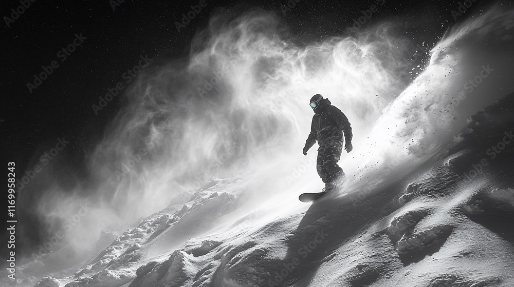 Obraz premium Snowboarder Descending Snowy Mountain During Blizzard