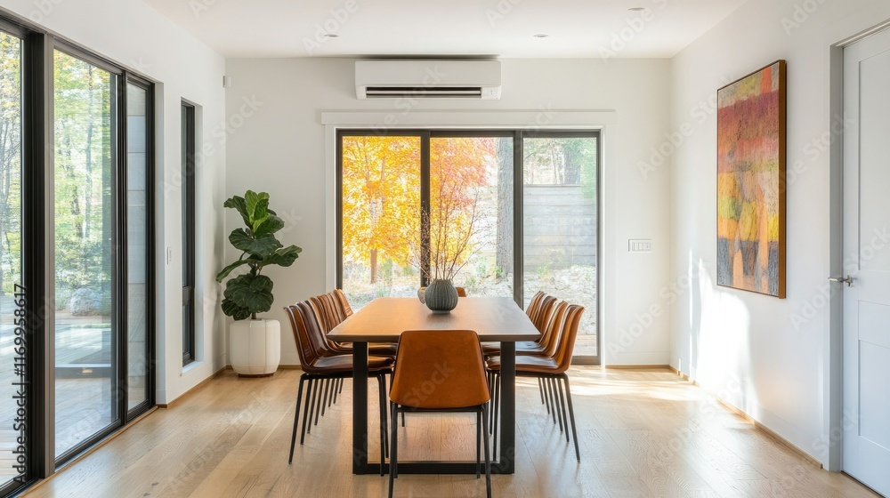 Fototapeta premium Modern dining room with natural light and autumn foliage view